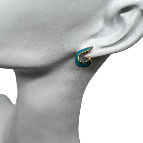 Wave Design Gold & Turquoise Enamel Huggie Earrings, Vintage Statement Hoops - Picture 2 of 8